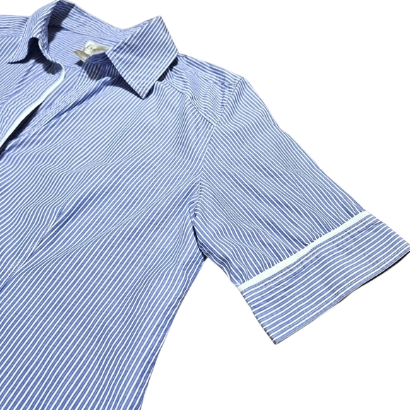 Chico's Blue White Stripe Button Front Shirt 2 / L Cotton Piping Coastal Preppy - Picture 6 of 13